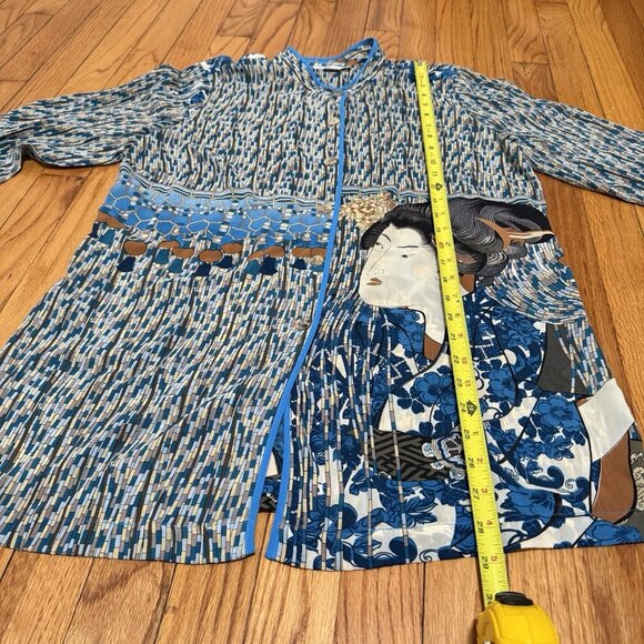 Citron Santa Monica Silk Geisha‎ Print Blue Button Front Blouse Size Medium - Picture 7 of 9